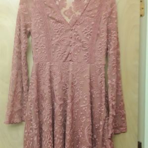Pink Mauve Lace Button Boho Dress M